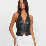Zelmira | Gorsetowy top z ekoskóry z dekoltem halter