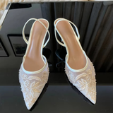 Paulina | Sandały na obcasie kitten heel z haftowaną siateczką