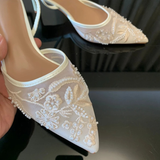 Paulina | Sandały na obcasie kitten heel z haftowaną siateczką
