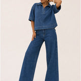 Natalia | Komplet z Szerokimi Nogawkami i Kołnierzykiem Polo