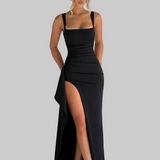 Marcelina | Maxi Sukienka z Kwadratowym Dekoltem i Eleganckim Rozcięciem