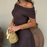 Evelina | Sukienka Maxi Off-Shoulder z Marszczoną Górą